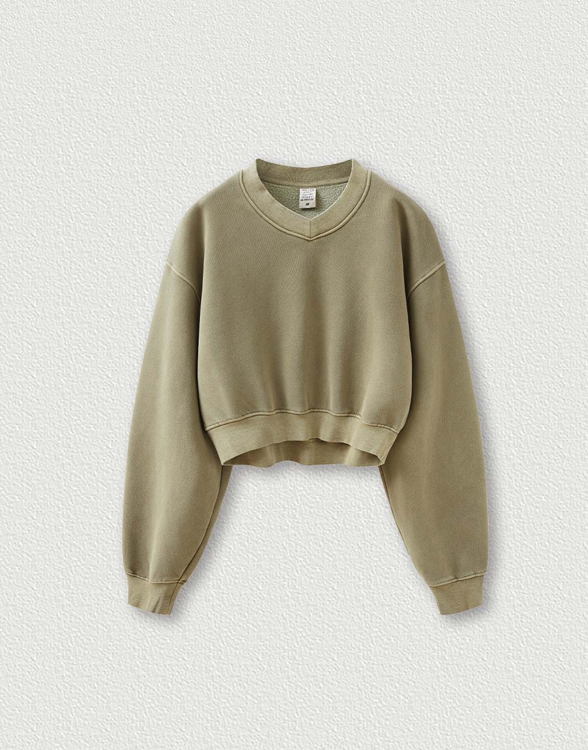 Women's Short Vintage Washed Fleece V-Neck Sweatshirt-wh280-1